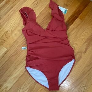 B2prity Swimsuit Large Orange Tummy Control Ruffles V Neck One Piece New